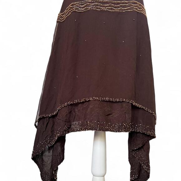 Morgan de Toi Y2K Silk Beaded Slip Dress – Brown Party Asymetrical Cocktail Midi - Picture 4 of 8